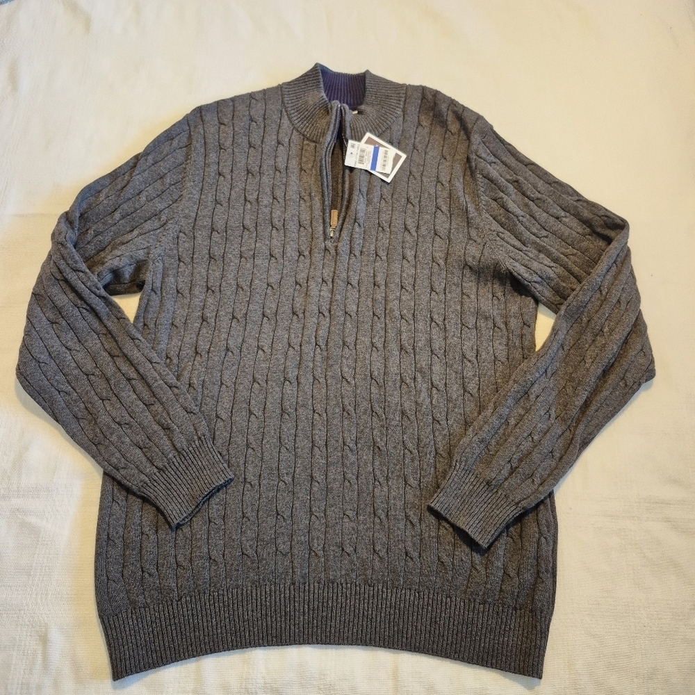 Club Room men's size XL gray cable knit 1/4 zip pima cotton sweater, New